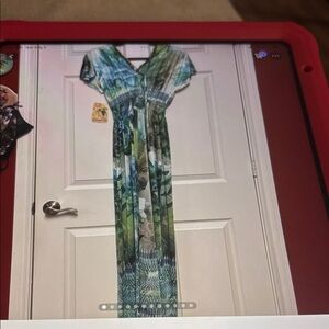 ONE WORLD Leafy Green and Blue Dress